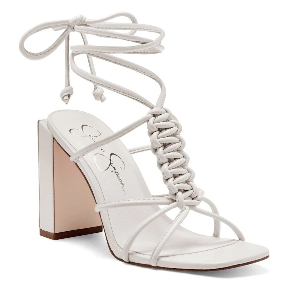 NEW Jessica Simpson Maena Braided Ankle Lace Up Block Heel Sandal in Chalk